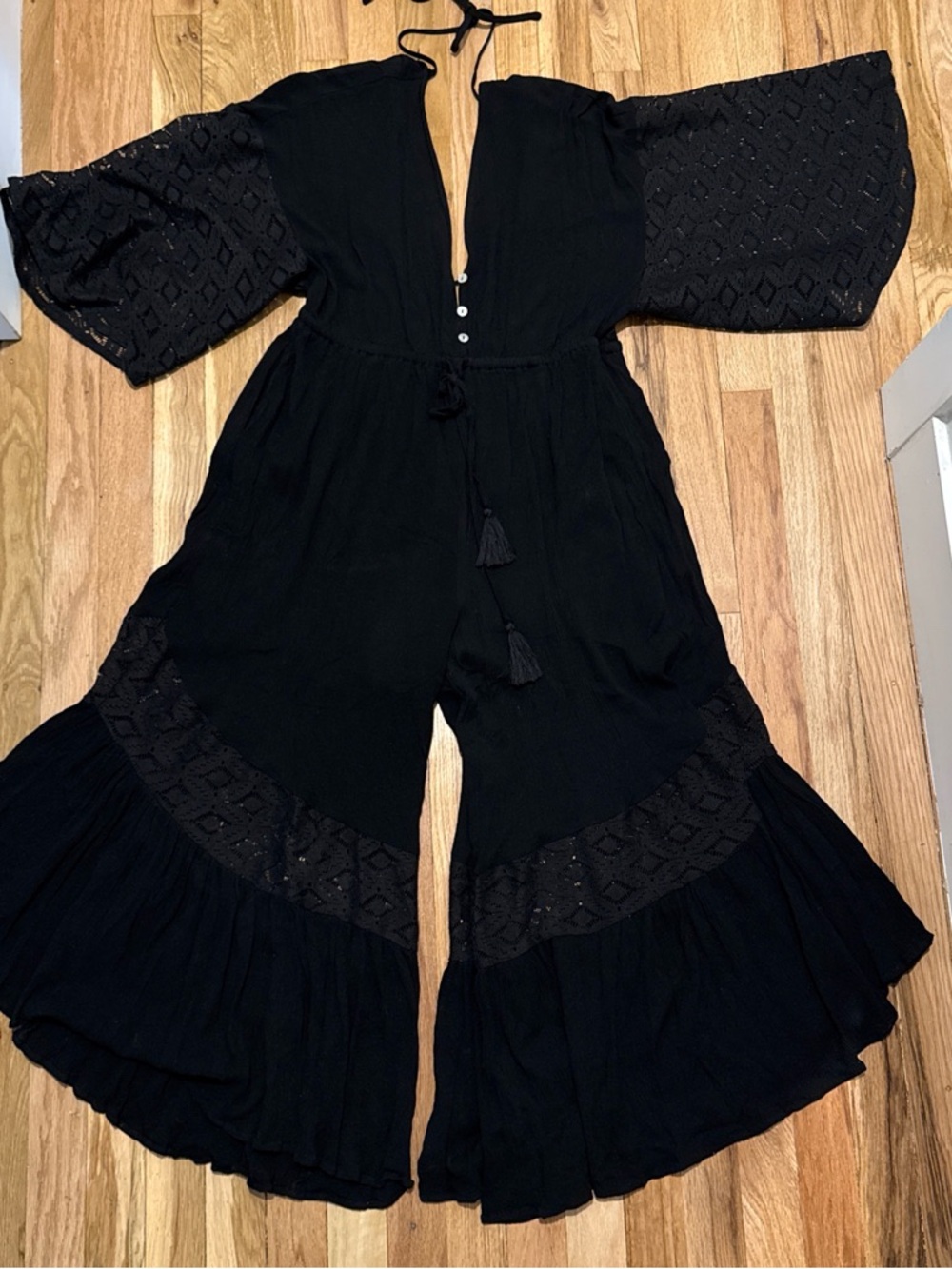 HYFVE Black Boho Wide-Leg Jumpsuit with Lace Insets